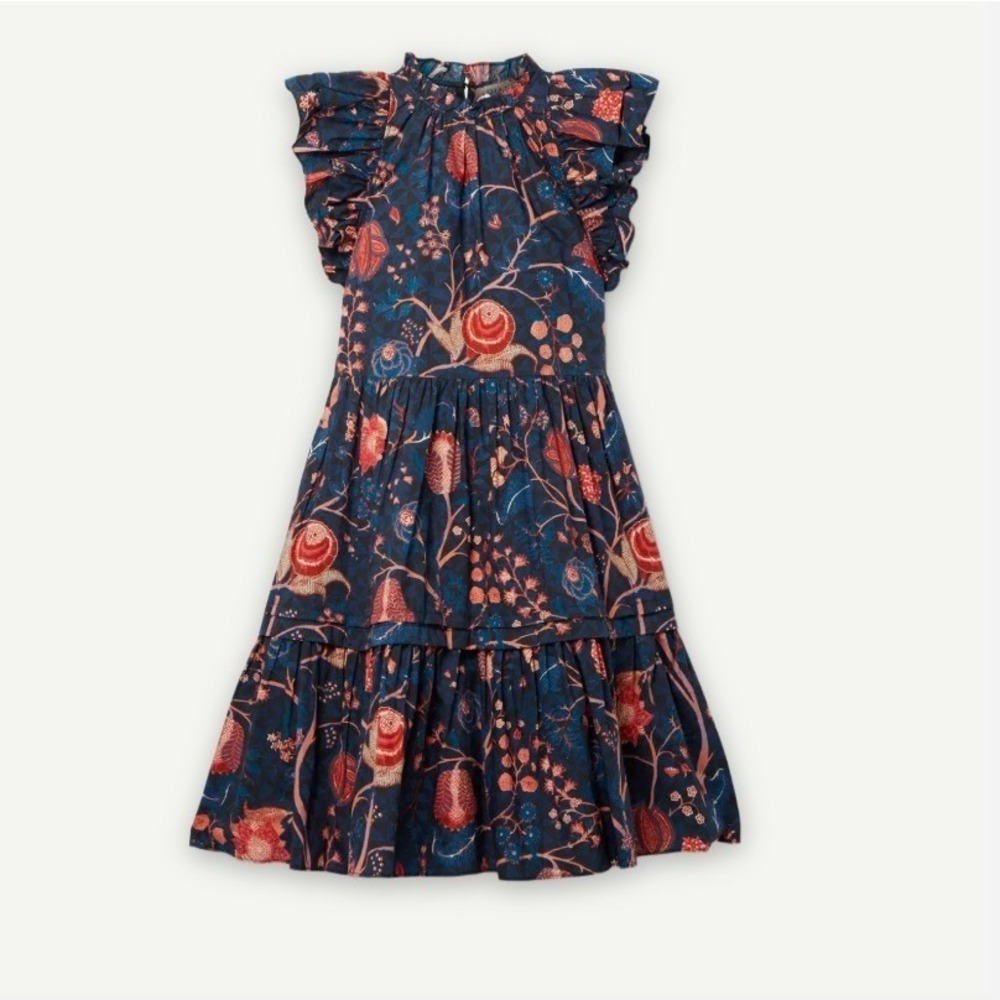 Ulla Johnson Eden Ruffled Tiered Floral Cotton Poplin Mini Dress Navy Red Size 2